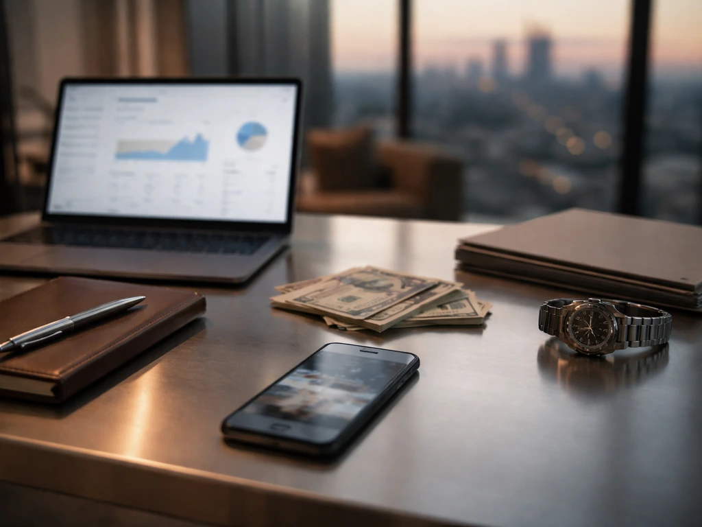 Minimal executive desk with laptop, phone, watch, and currency symbols in a glass office at dusk.
