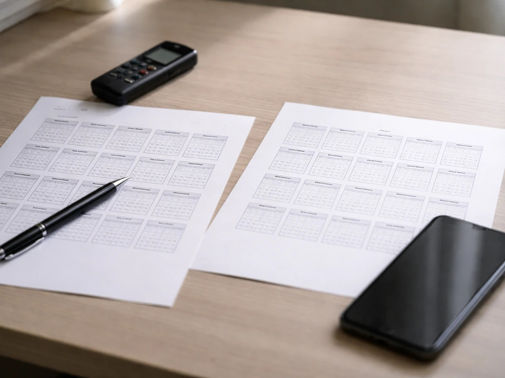 Close-up of a minimal desk with two comparison papers, phone, and voice recorder for cross-checking financial claims.