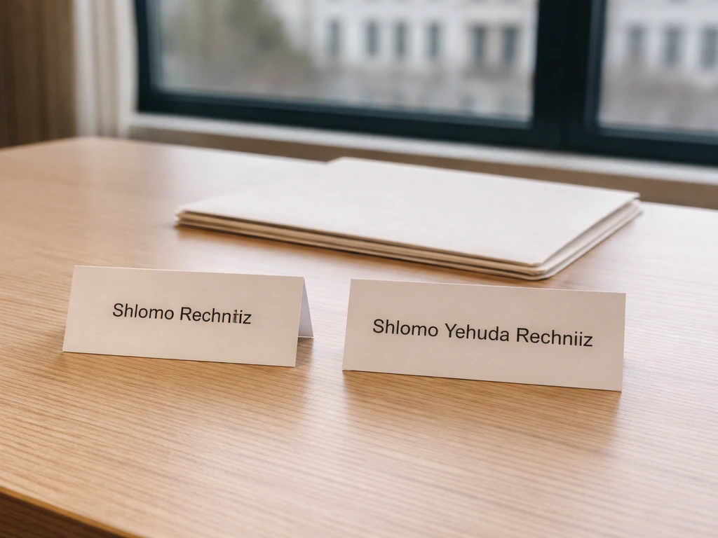 Two name cards on a desk showing Shlomo Rechnitz and Shlomo Yehuda Rechnitz for identity verification.
