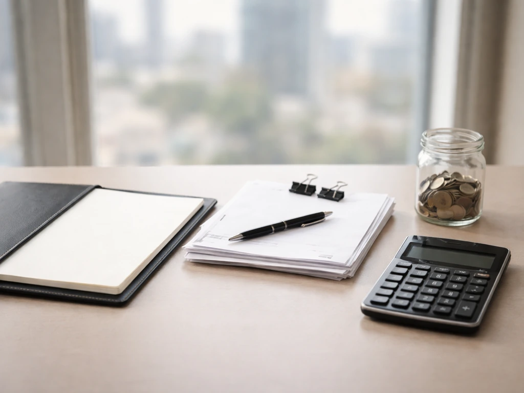 Minimal office desk scene with blank documents, calculator, and coins symbolizing assets minus liabilities.