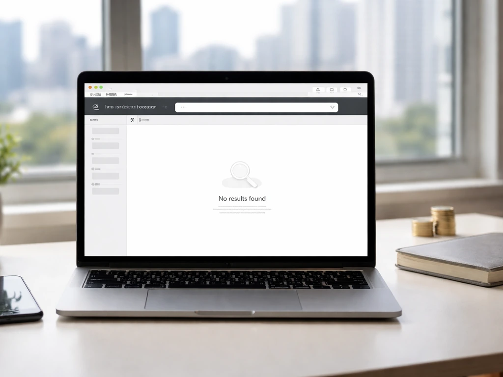 Desk scene with a phone and a mocked finance-site search screen showing an empty results area.