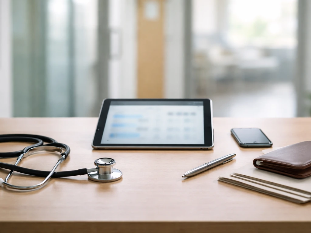 Minimal office desk with stethoscope, tablet, and wallet symbolizing health-tech leadership and estimated wealth.