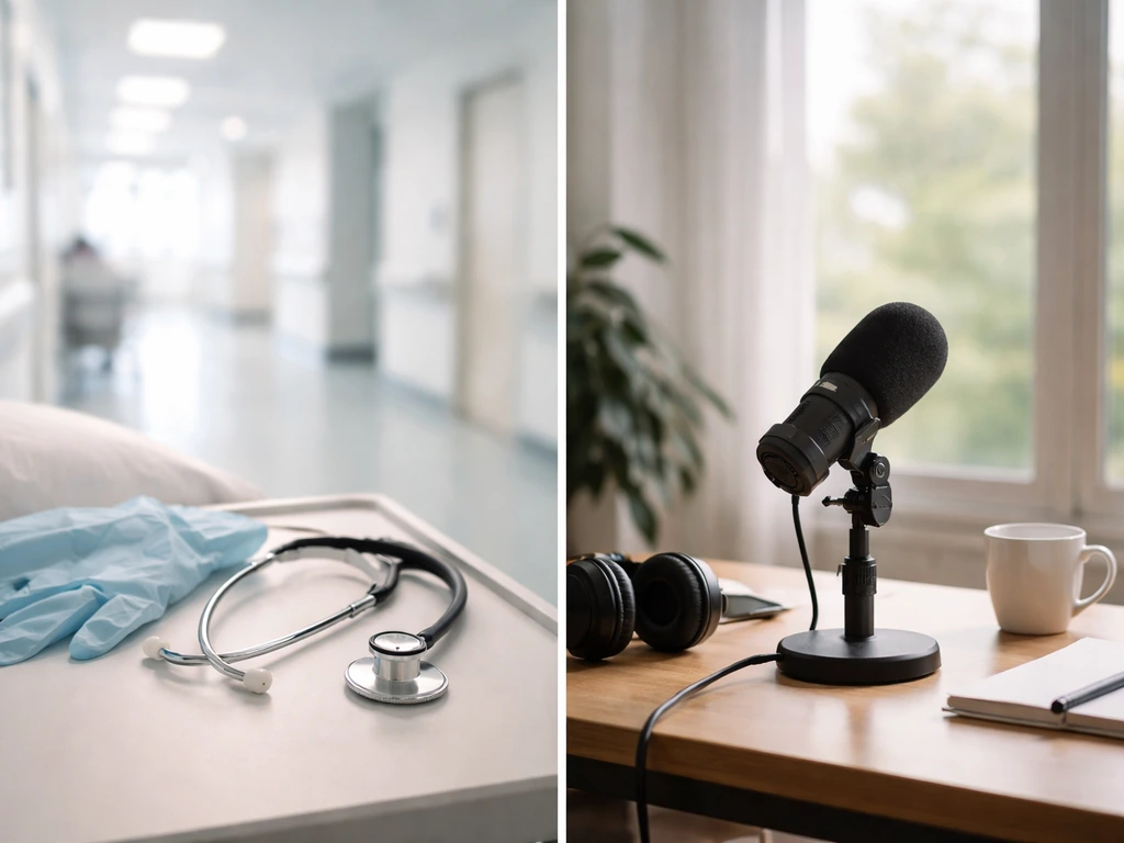 Split-view photo cues: stethoscope and gloves for medical, podcast microphone for biology/media.