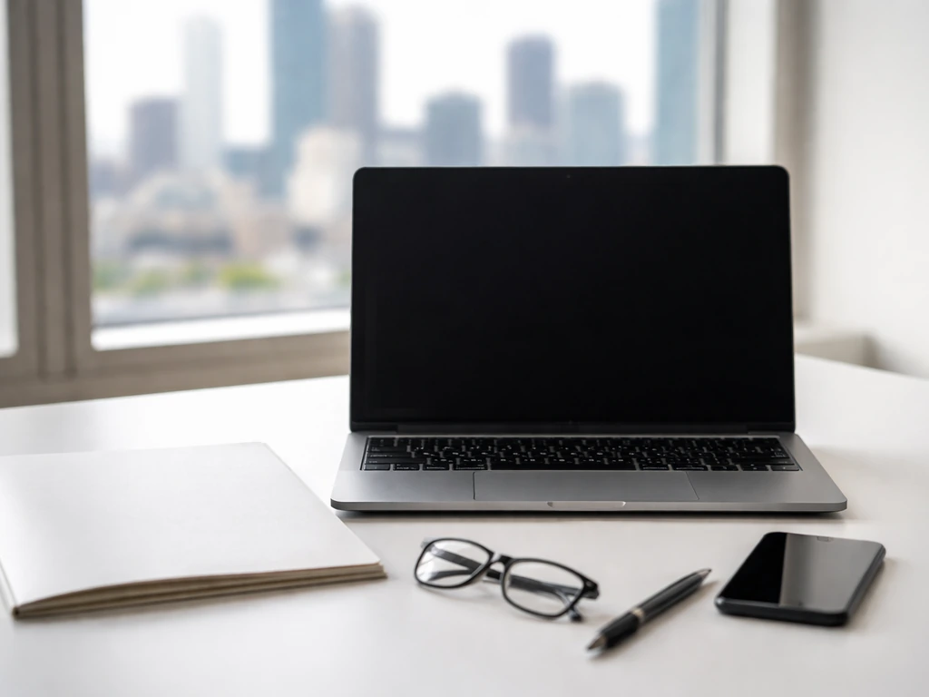 Open laptop on a desk with business paperwork and city view, symbolizing an acquisition timeline event.