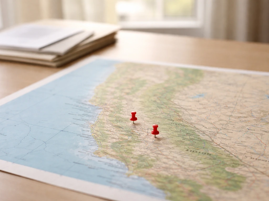 Desk map with two pins marking Palo Alto and Menlo Park, California in soft natural light.