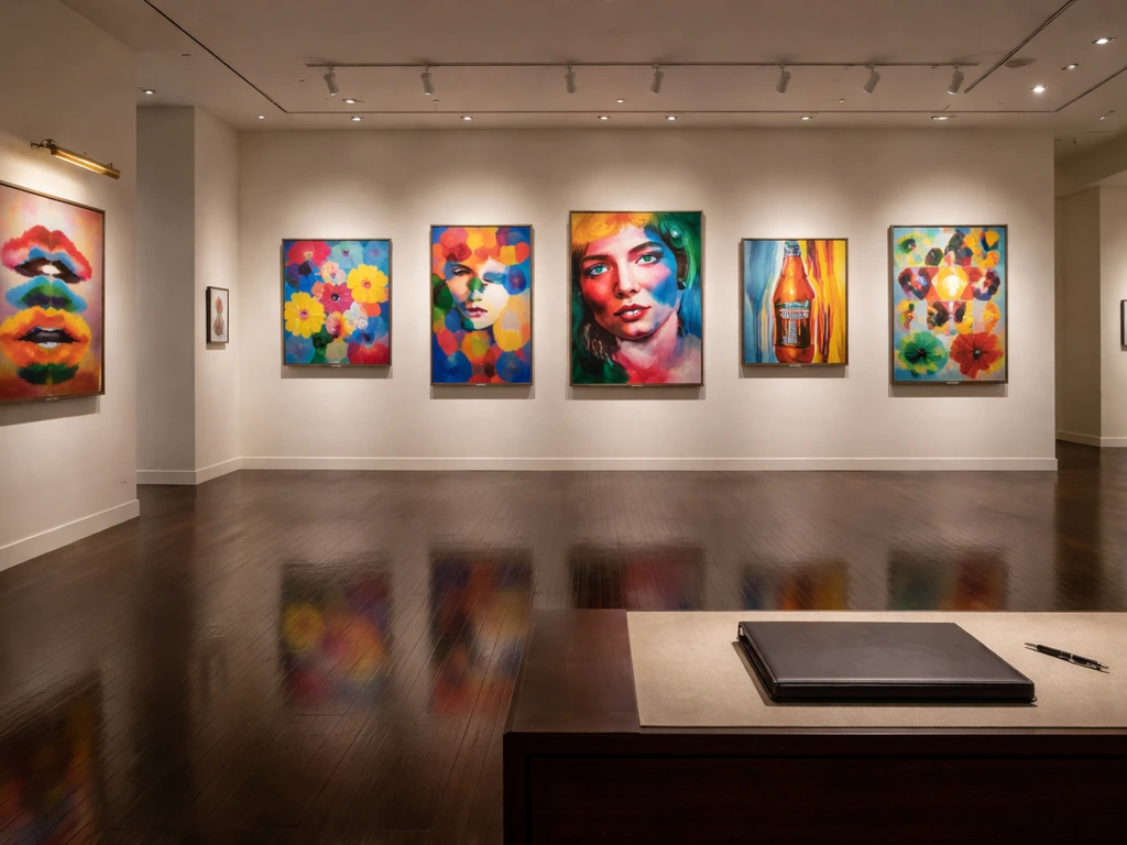 High-end art gallery interior with Warhol-inspired wall artwork and elegant sales-room atmosphere