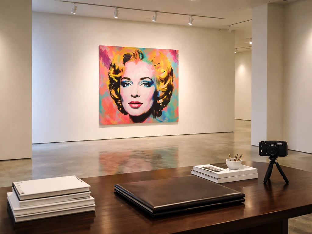 Empty luxury art gallery room with a Warhol-like portrait-style canvas and sleek dealer desk