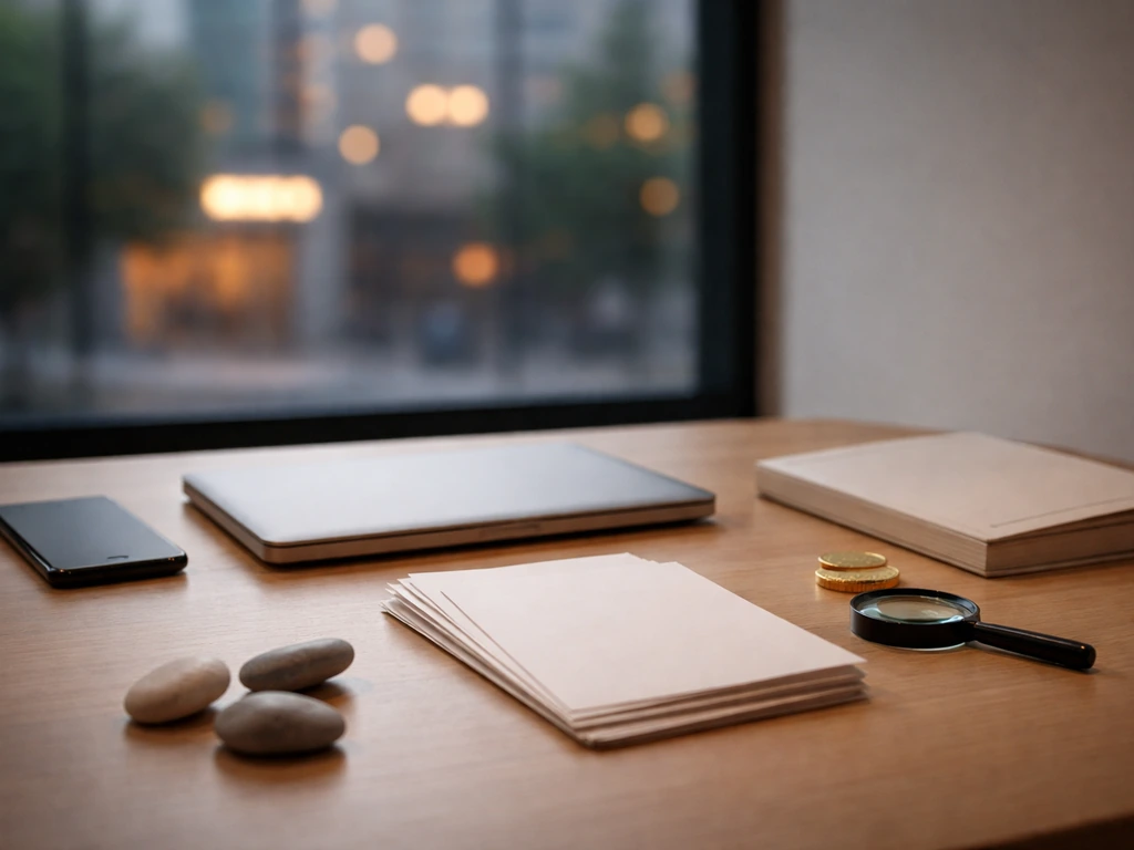 Minimal desk scene with blank papers, a magnifying glass, and gold coin suggesting wealth estimate logic.