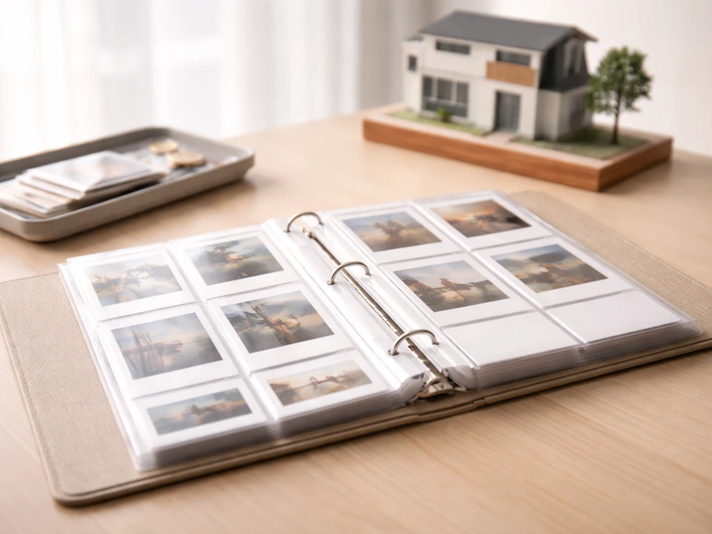 Desk scene with an open inventory binder as the main asset, small collectible stack, and a blurred building model.