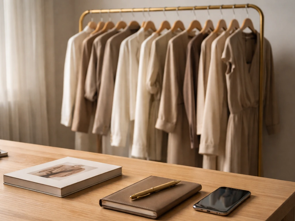 Minimal luxury fashion studio desk with clothing rack and accessories symbolizing media and earnings sources