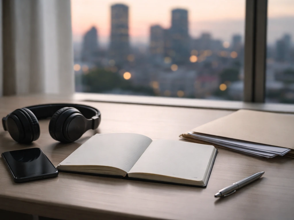 Minimal office desk scene with a notebook, headphones, and a blurred city view suggesting public records and media analy