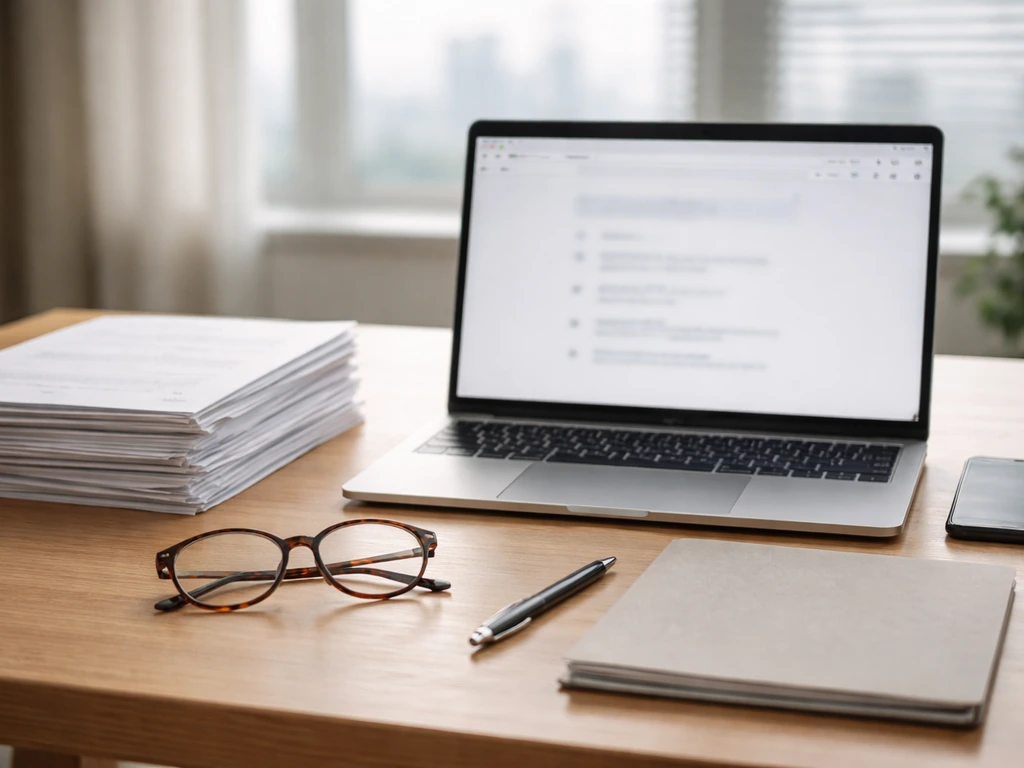 Minimal desk with stacked documents and an open laptop/phone symbolizing verifying an estimate and research.