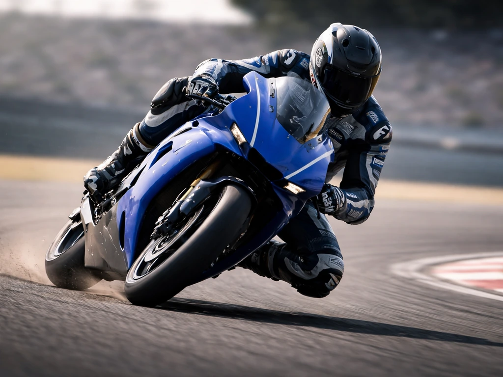 Álex Rins riding a Yamaha factory-style MotoGP bike on a quiet race track, high-speed motion blur.