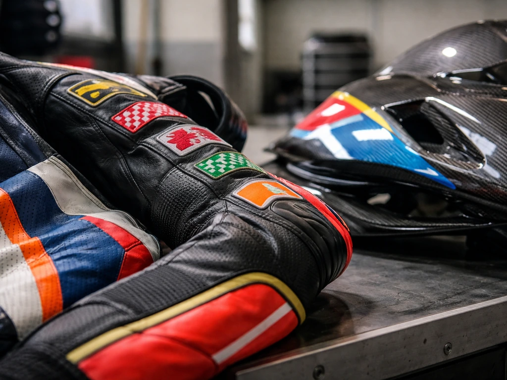 Close-up of MotoGP racing suit and bike gear with sponsor patches in soft natural light.