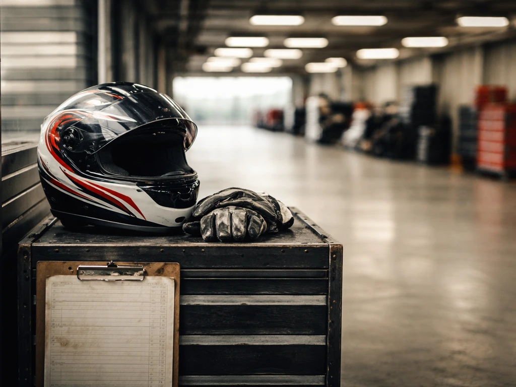 Unoccupied MotoGP pit garage with a helmet and gloves on a tool chest, suggesting career milestones.