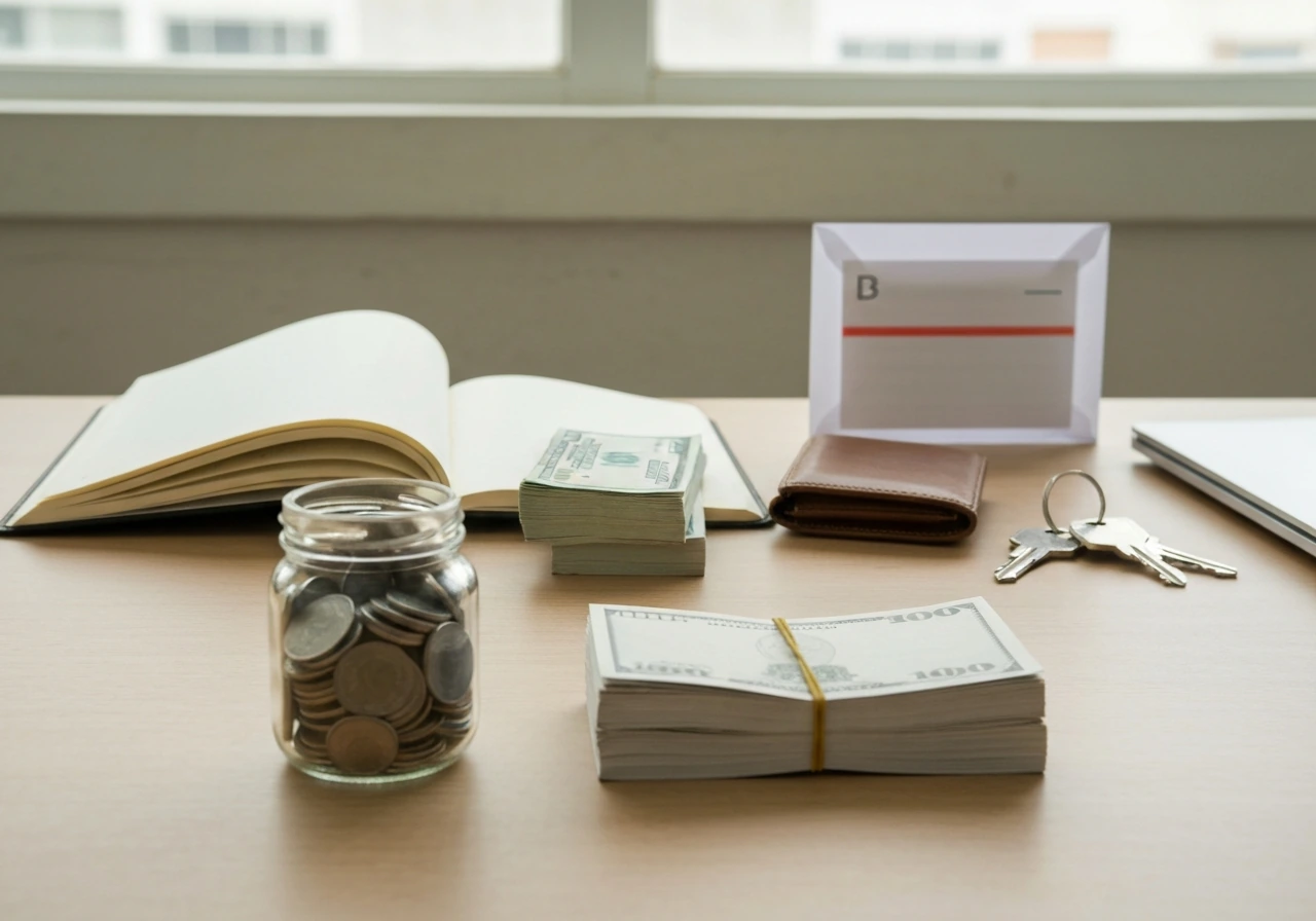 Minimal office desk scene symbolizing assets vs liabilities with cash, coins jar, and blank bills, no people.