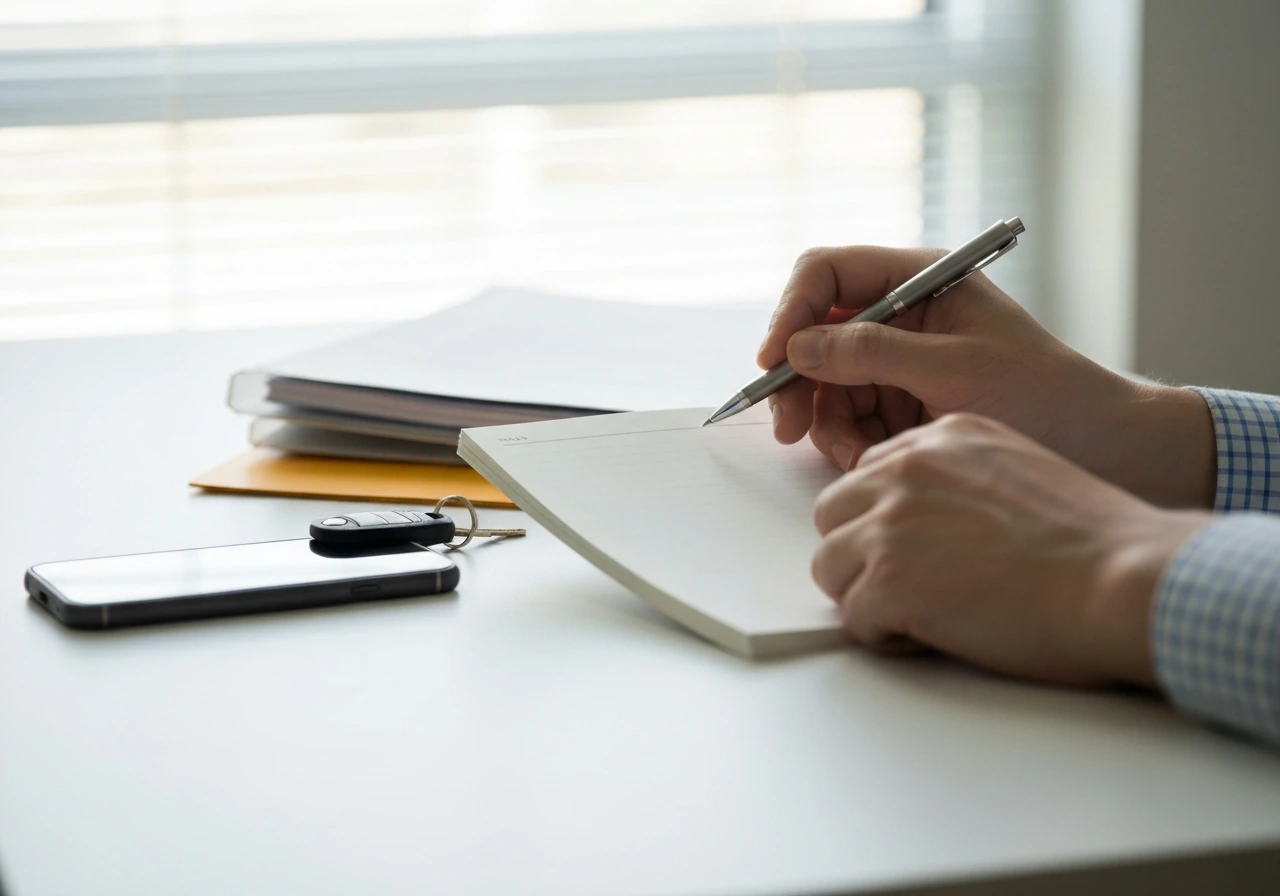 Hands holding a notepad with documents and a key, symbolizing due diligence for property records and verification.