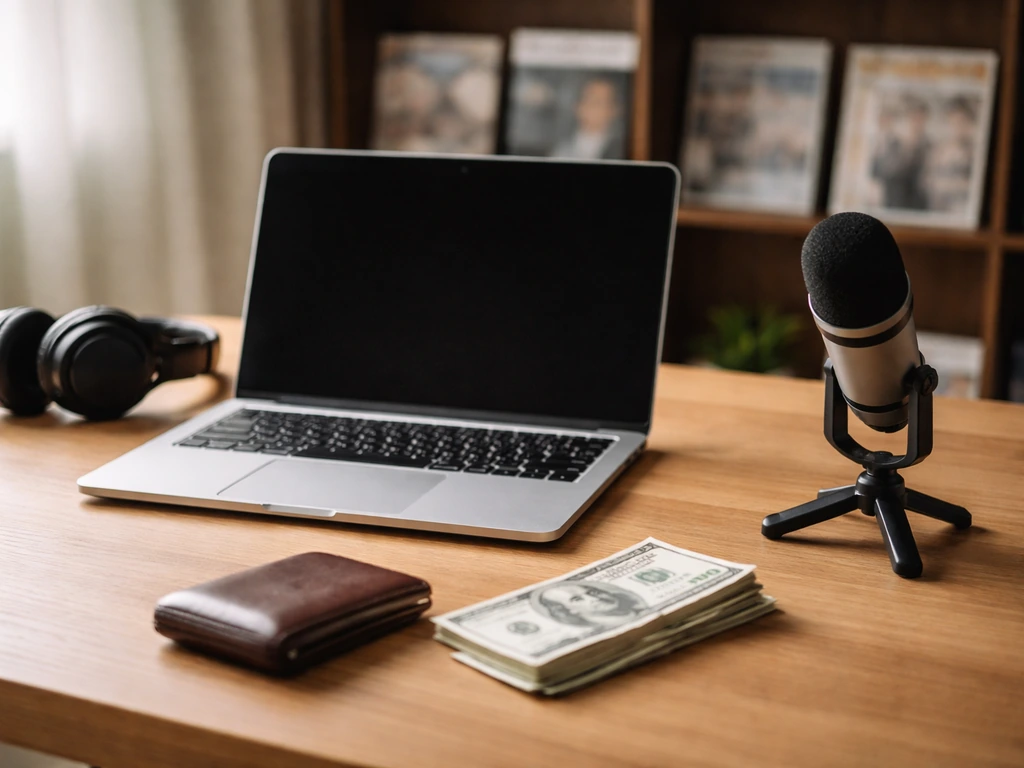 Minimal desk scene with scattered cash, an open laptop, and a studio microphone symbolizing wealth estimates