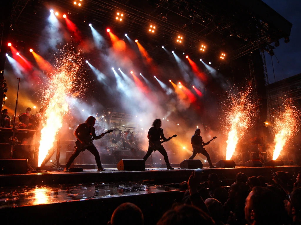 Rammstein-style stadium stage with pyrotechnic flames and dramatic lighting at night