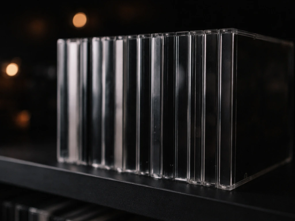 Moody close-up of several Rammstein-style studio albums in jewel cases on a dark shelf