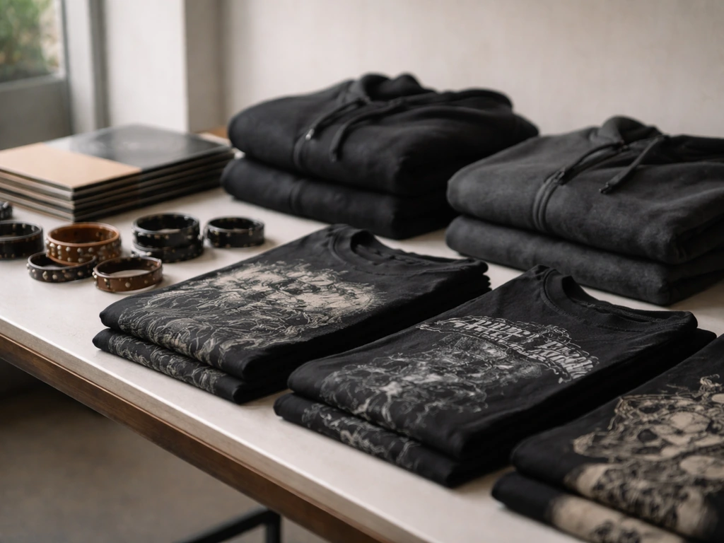 Merch table with folded shirts, vinyl records, wristbands, and hoodies in soft natural light.
