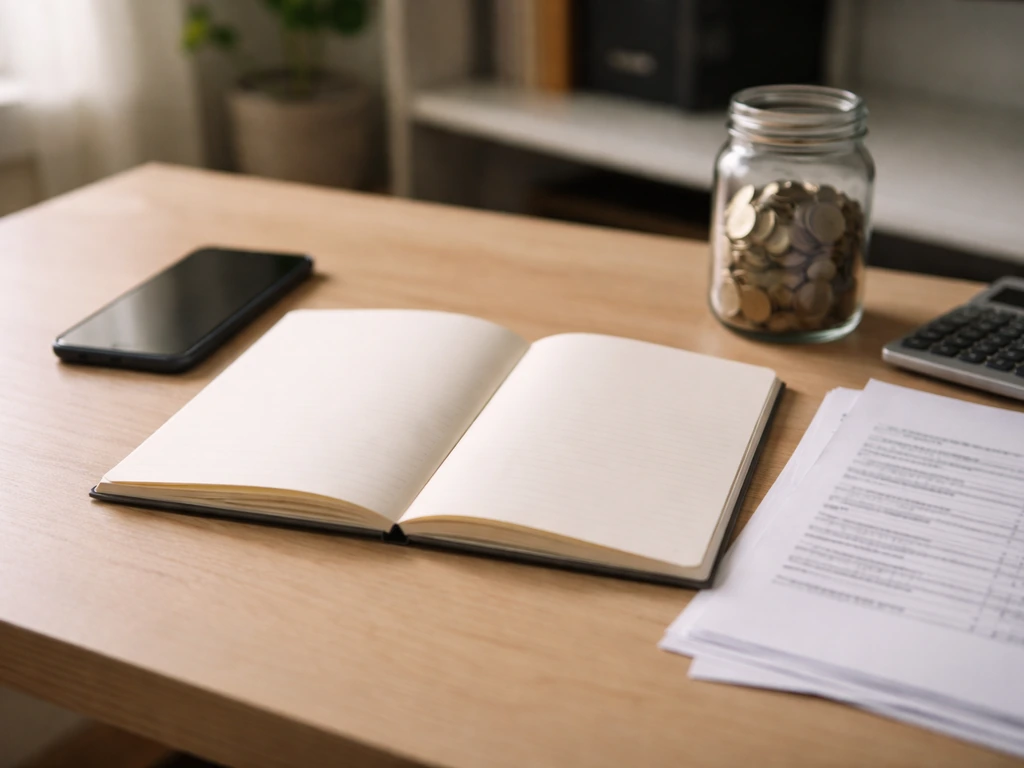 Anonymous desk with notebook, documents, calculator, coins, and phone—symbolic of checking a tour revenue estimate.