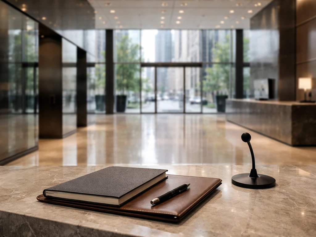 Empty luxury office lobby with business materials, suggesting New York real estate and investor work.