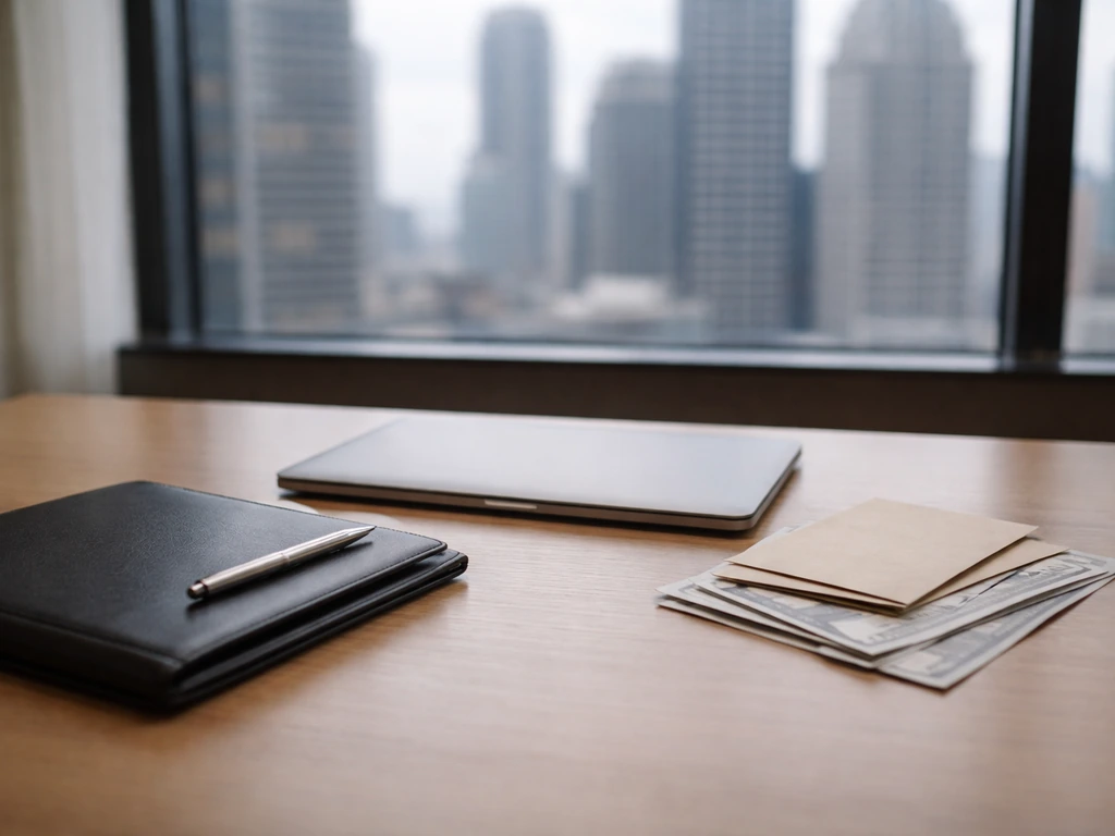 Minimal office desk with a closed laptop and scattered cash-like envelopes, suggesting wealth estimates
