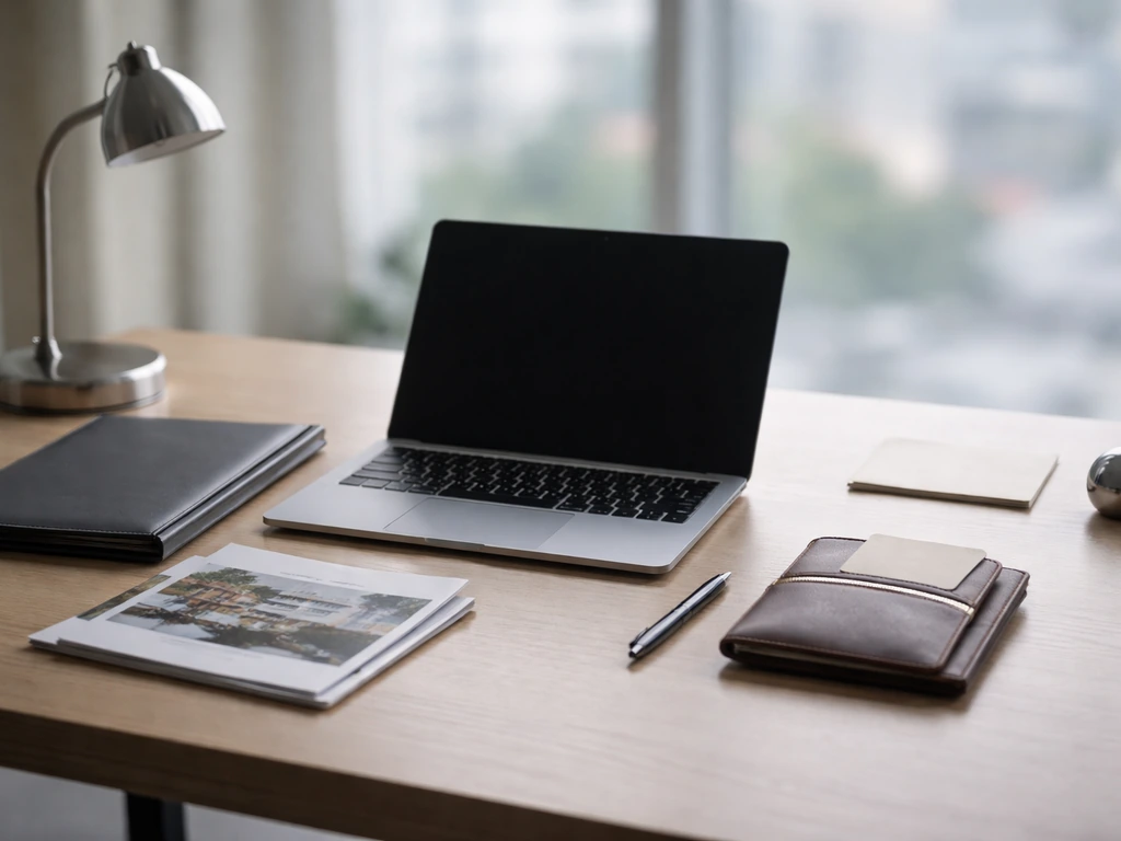 Minimal desk scene with laptop, papers, wallet, and pen symbolizing asset categories and debts.