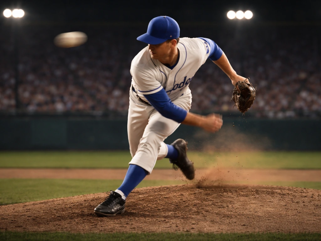 Baseball pitcher in classic Dodgers-era uniform mid-throw on a stadium mound under bright lights.