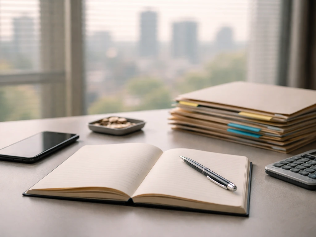 Minimal desk scene with notebook, folders, coins, and calculator suggesting finance analysis without any text.