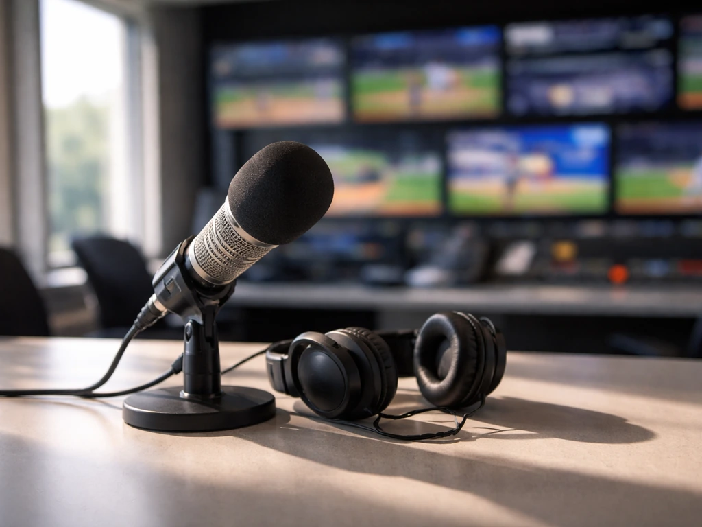 Unbranded broadcast microphone and headphones in a minimal TV studio, symbolizing MLB analyst work.