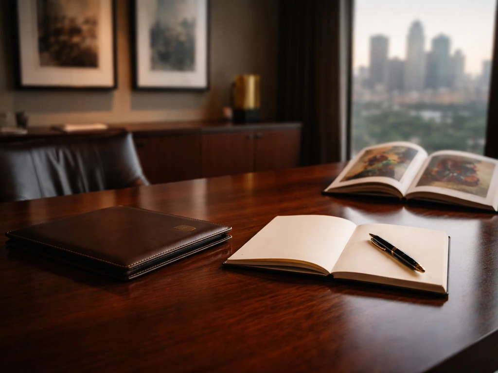 Minimal executive desk in a finance office with portfolio, pen, abstract art book, and blurred skyline—no person.