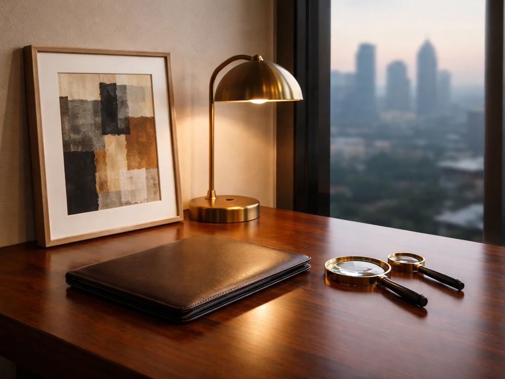 Upscale desk scene with portfolio, magnifying glasses, and abstract art near a blurred city skyline
