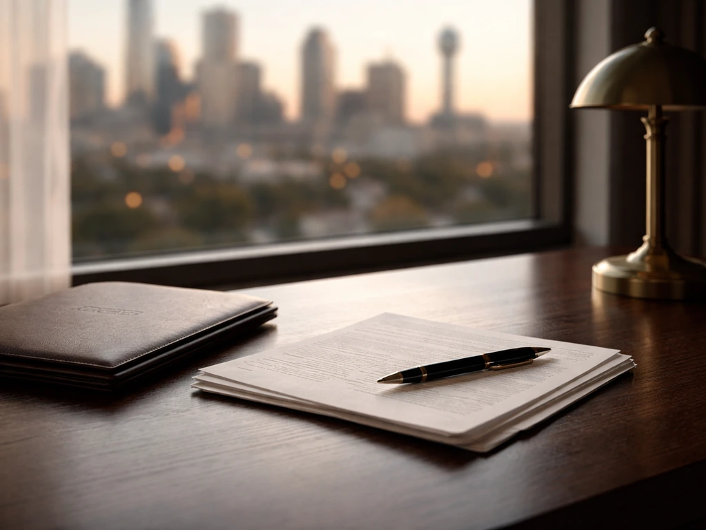 A minimal desk scene with hedge-fund style documents, a closed ledger, and a pen near a city view window.