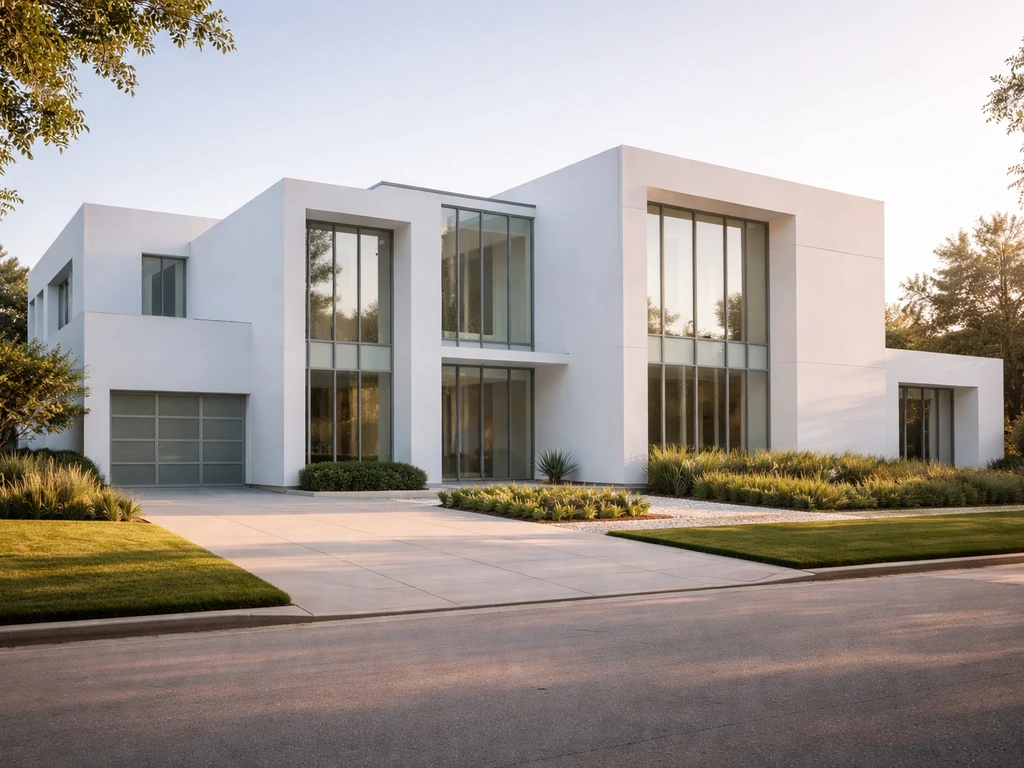 White modern luxury house exterior with geometric lines and large windows in warm sunlight.