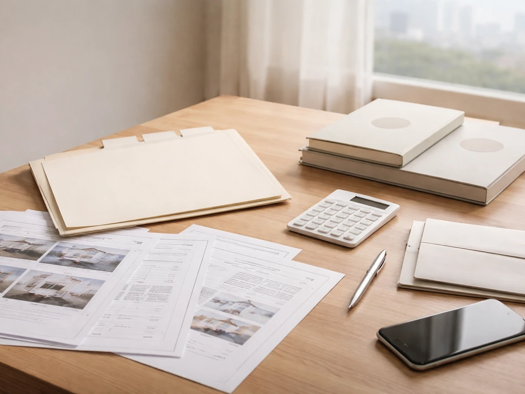 Open desk with real-estate listing pages and debt-style folders, showing assets versus liabilities concept.