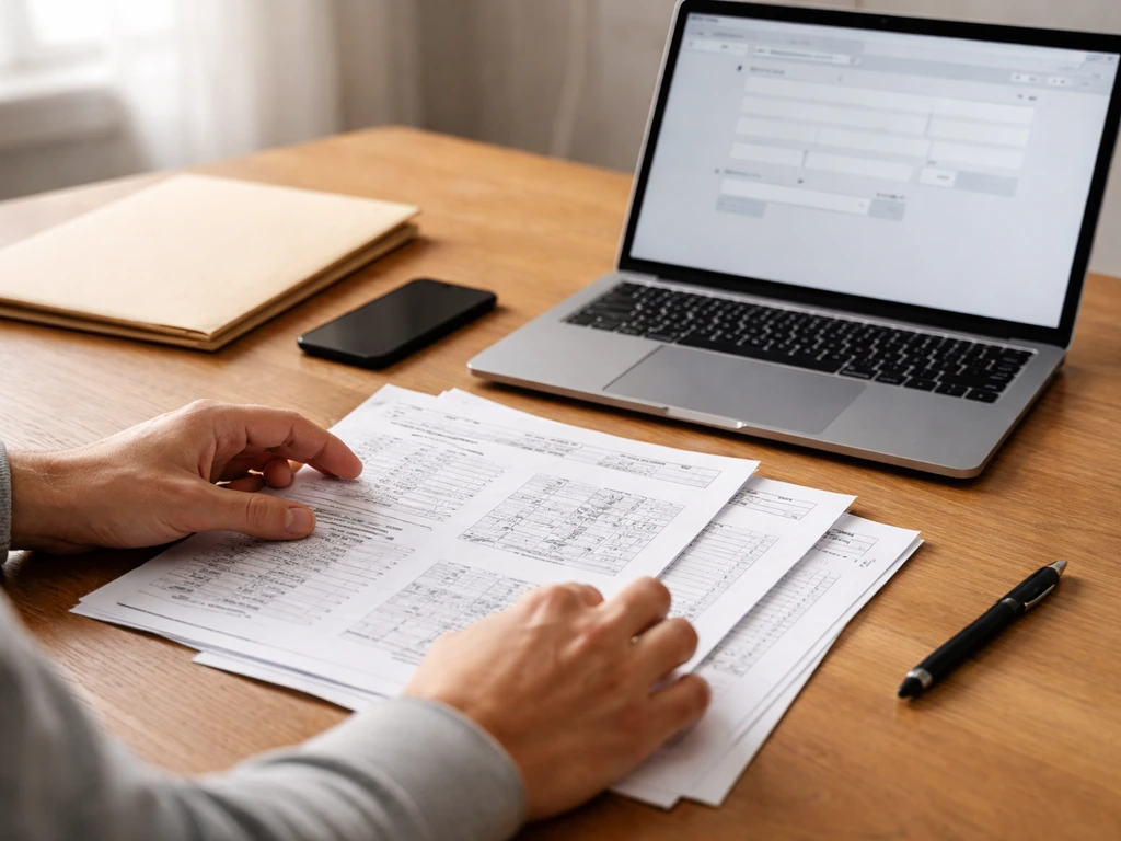 Person comparing printed property record pages beside a laptop showing a generic public-record search screen