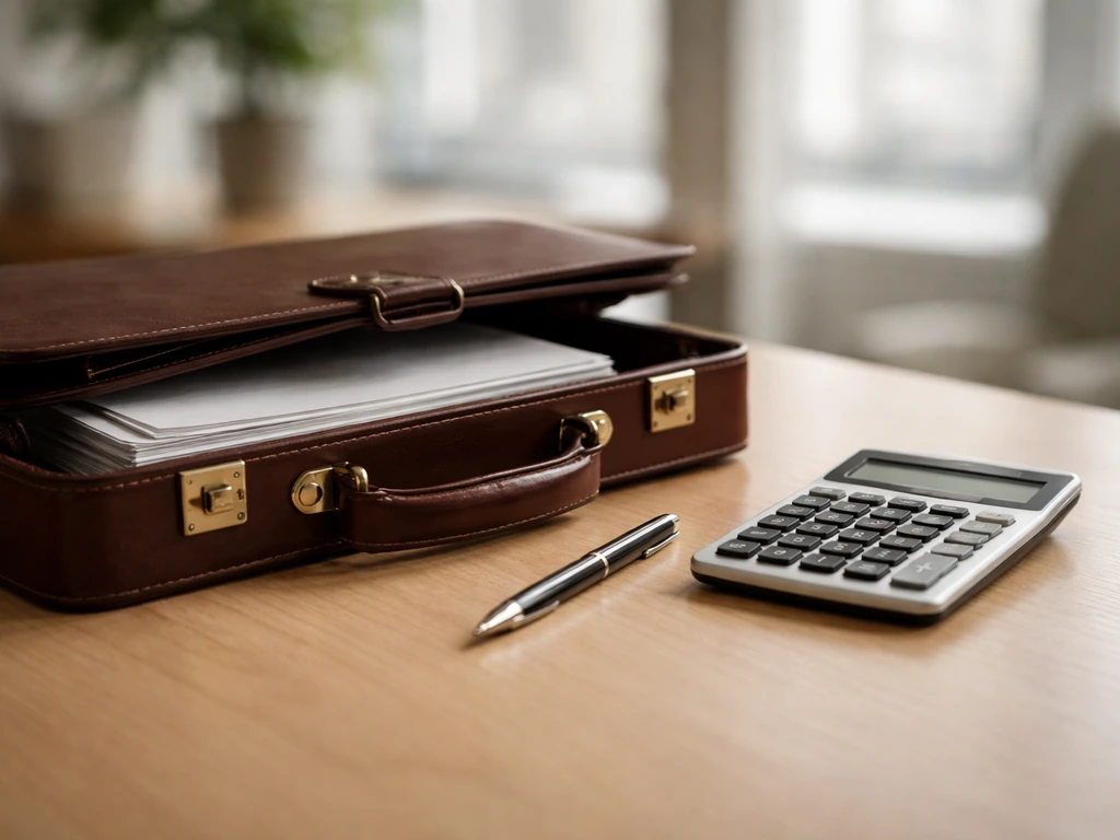 Minimal photo of a leather briefcase and financial documents on a desk, symbolizing wealth search