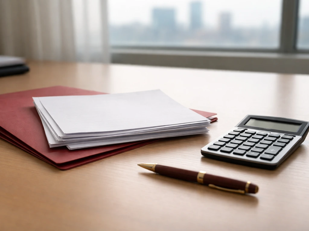 Close-up of insurance documents and a calculator on a desk with a blurred city backdrop