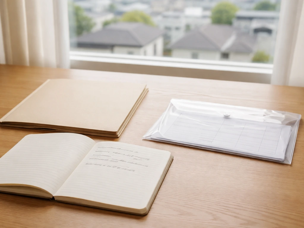 Minimal desk scene showing a handwritten list in a notebook beside clear property/finance documents folder