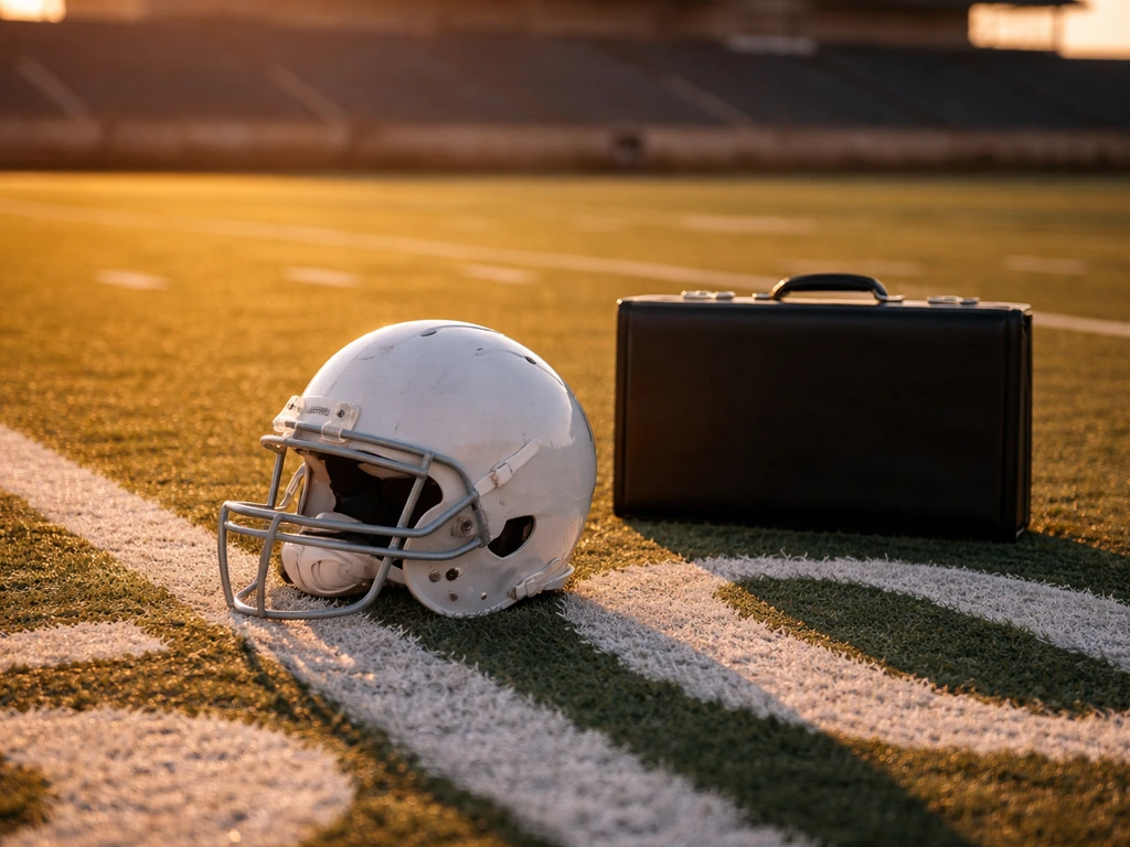 Minimal photo of a football field at golden hour with a symbolic briefcase, suggesting career and wealth analysis.