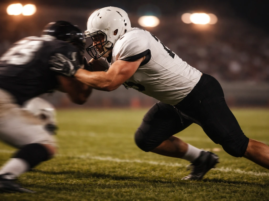 Anonymous football player tackling near the goal line with blurred stadium lights, symbolizing an NFL salary impact