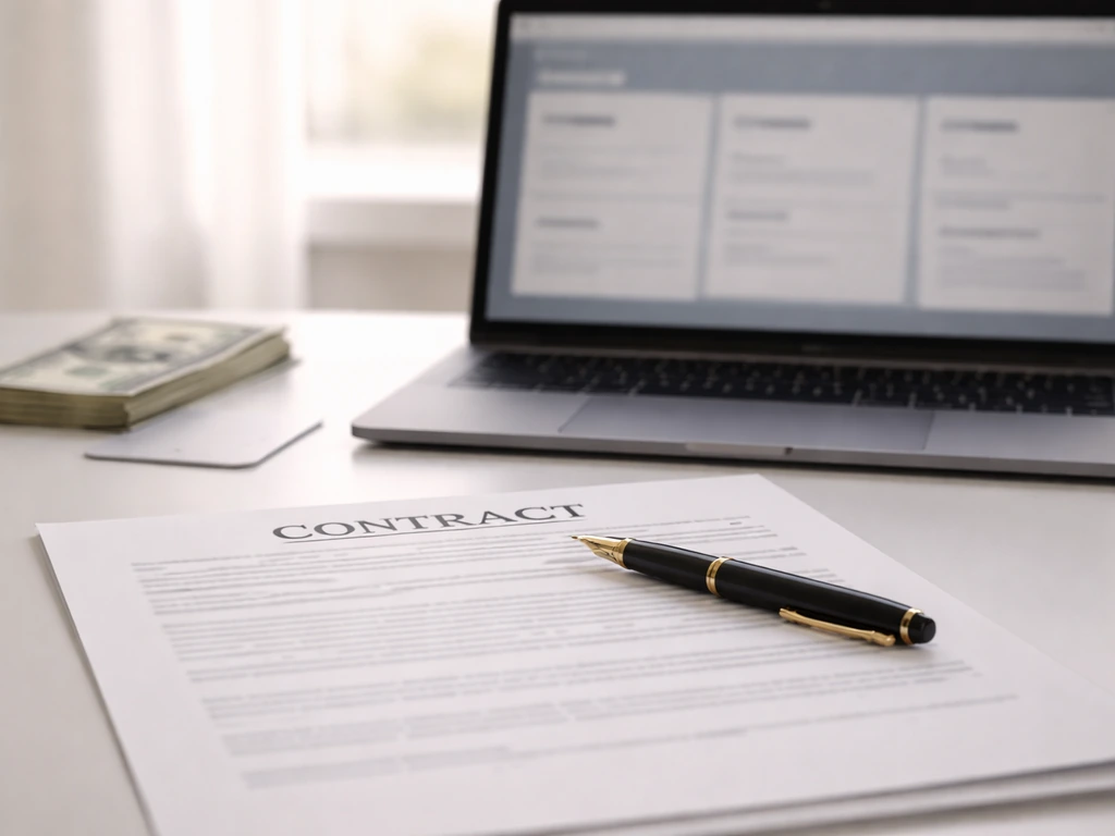 Close-up of contract documents and a fountain pen beside a laptop showing blurred financial tabs, symbolic income breakd