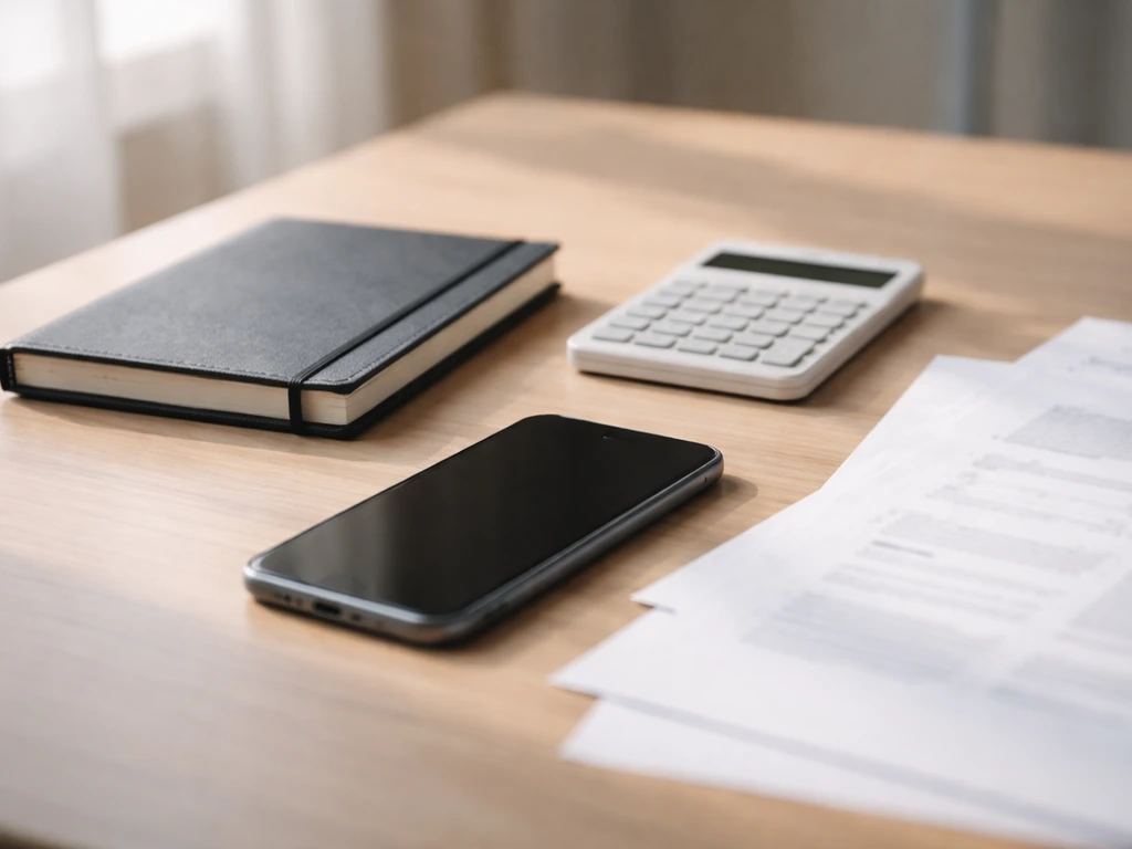 Minimal office desk scene with scattered papers and a smartphone beside a calculator, symbolizing conflicting net-worth