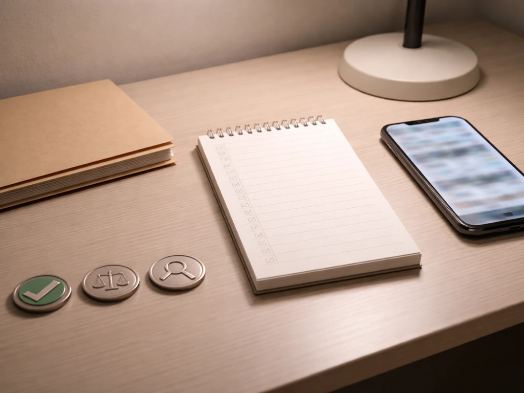 Minimal office desk with a checklist notepad, contract folder, and smartphone showing finance headlines blurred