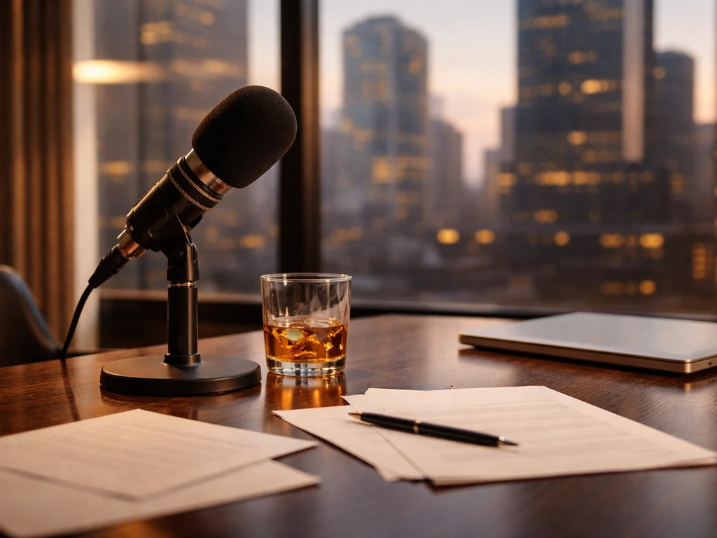Unmarked media desk with microphone and city view, symbolizing wealth and media influence.