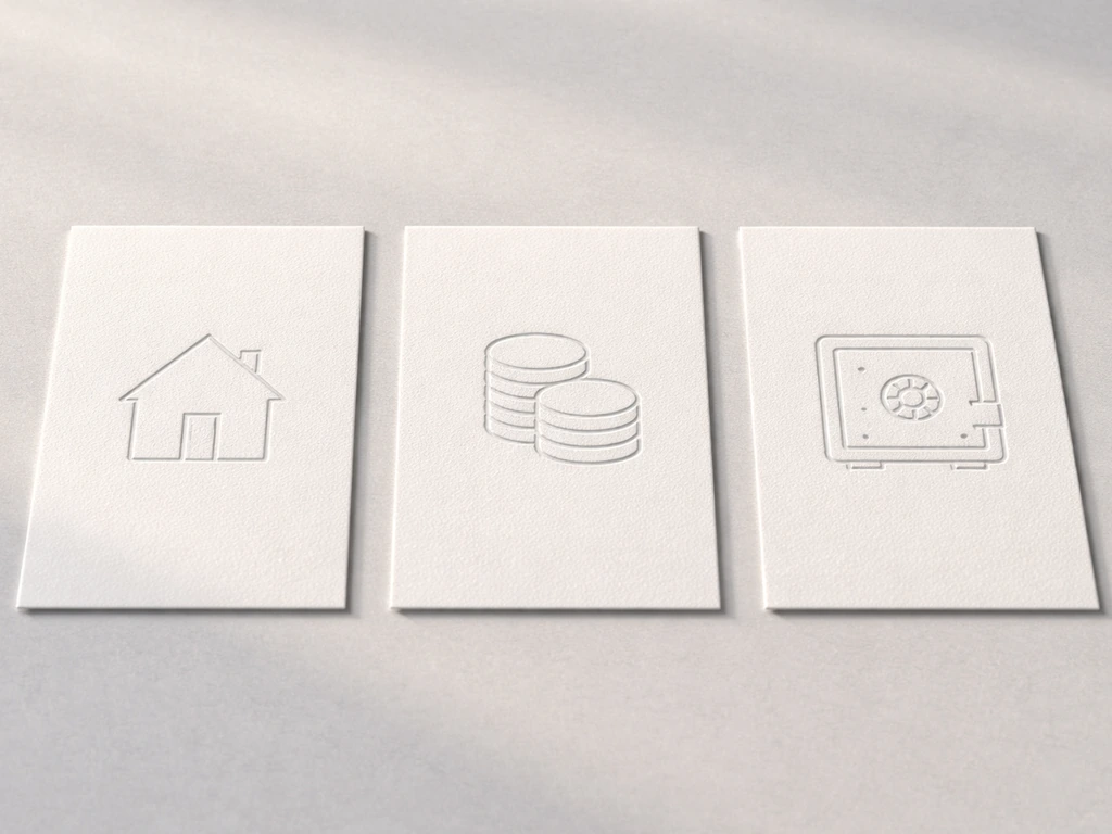 Minimal photo of three labeled-free cards showing real estate, stocks, and investments categories.