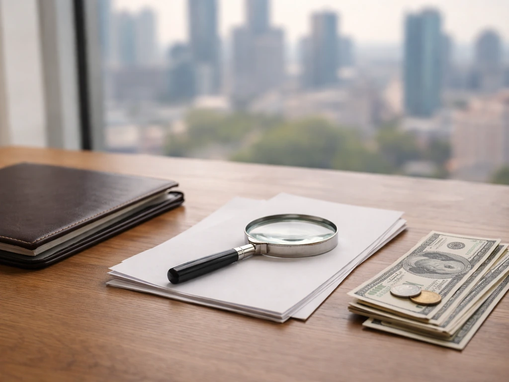 Desk scene with a magnifying glass over neatly arranged money and documents, symbolizing transparent net-worth estimatio