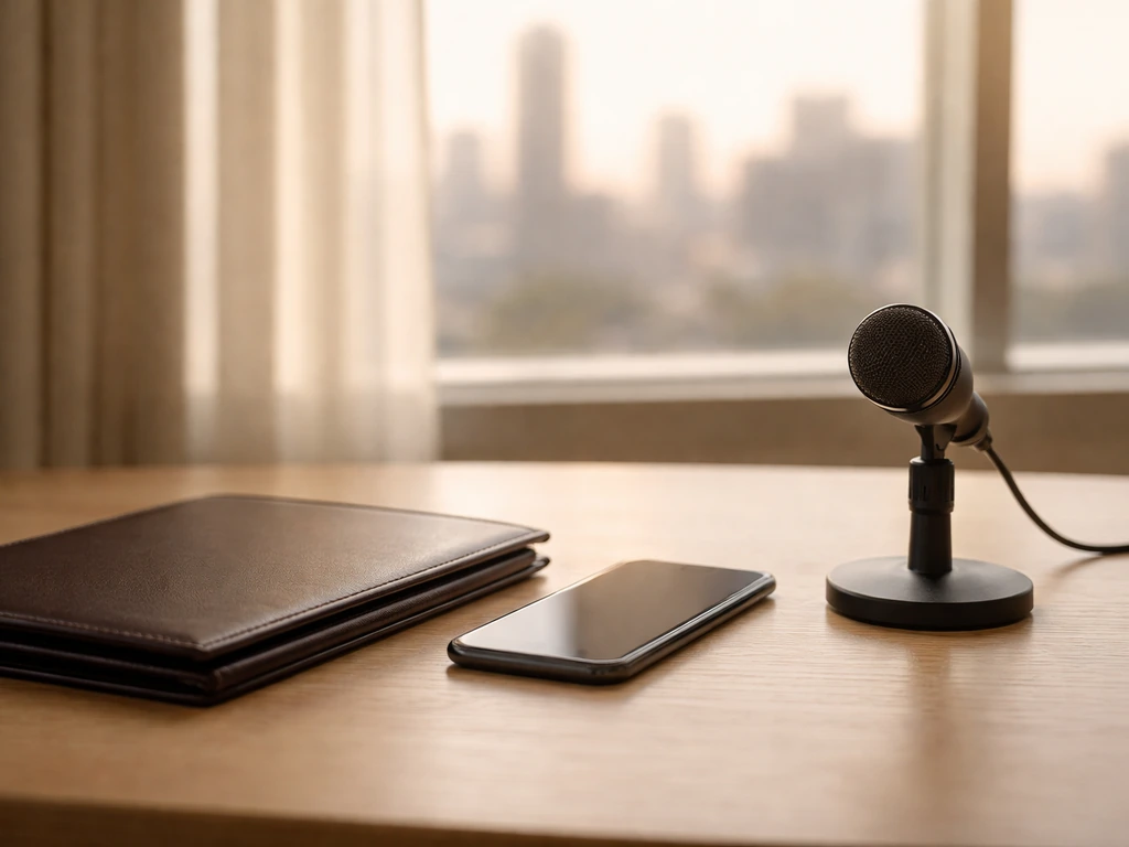 Minimal desk scene with portfolio and tabletop microphone, suggesting business media work.